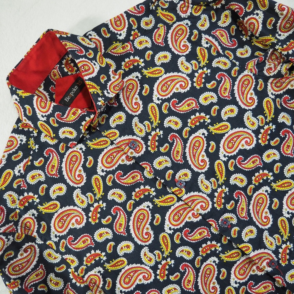 Bespoke Sz XS Black Paisley Dress Shirt with Red and Yellow Accents